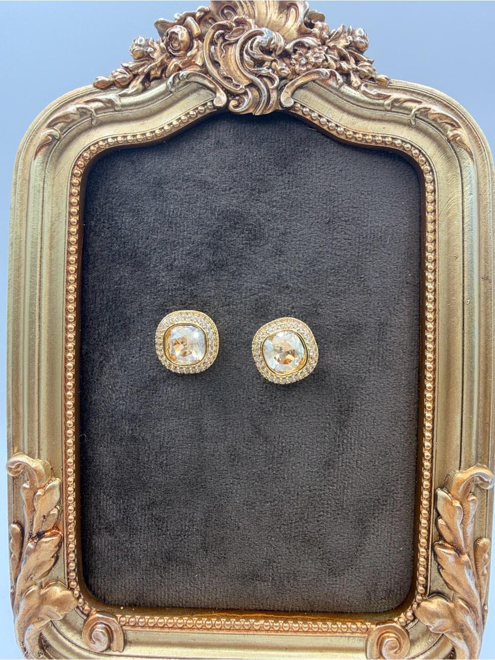 Vintage Gold Cushion cut Crystal stud earrings